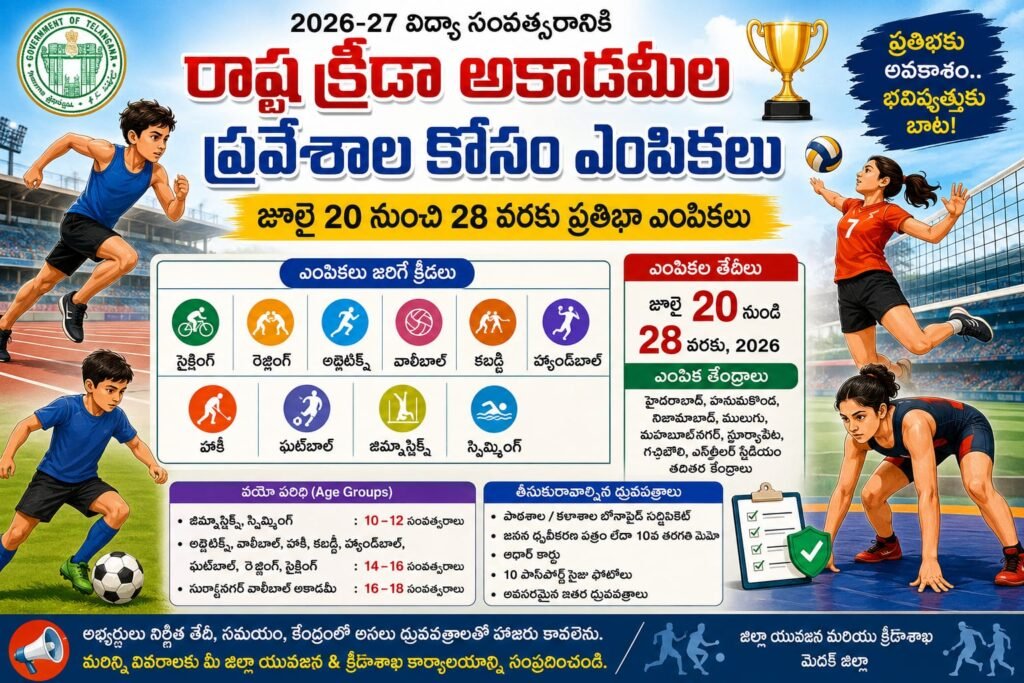 రాష్ట్ర క్రీడా అకాడమీల ప్రవేశాలకు నోటిఫికేషన్